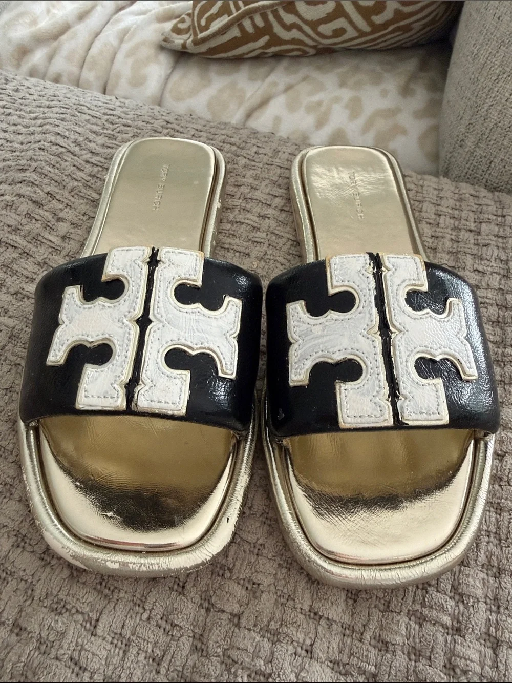 Tory Burch Black and Gold Logo Slide Mules